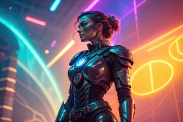 Obraz premium Futuristic Woman in Armor Stands Amid Neon Lights