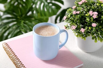 Morning coffee in a blue mug beside a pink notebook and plants