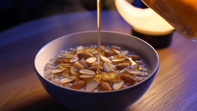 Healthy Ramadhan Sahur nutrition featuring almond oatmeal and a drizzle of honey. Soft pre-dawn lighting with blurred modern islamic decor in 4K minimalist realism