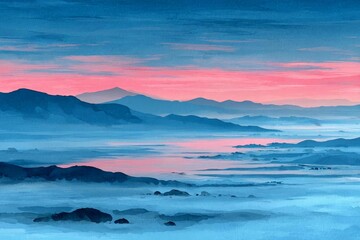 Serene Blue Mountain Landscape at Dawn with Soft Pink Sky