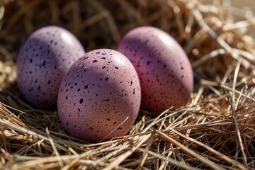 Obraz premium Pink and blue Easter eggs in hay spring still life — ai