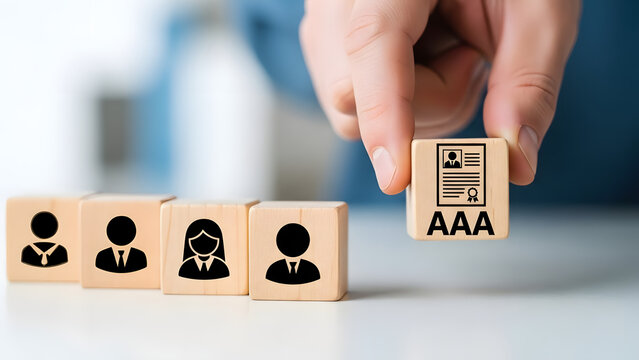 Recognizing Excellence Hand places a top-tier AAA rating block alongside diverse employee icons, signifying superior talent and human resource evaluation