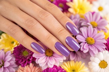 Fototapeta premium Woman's Hand With Purple Nails Placed on Colorful Flower Background