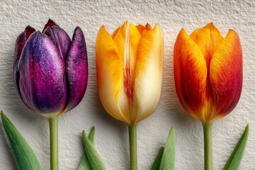 Vibrant Tulips in Purple, Yellow, and Orange Against Textured Background