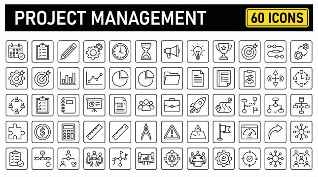 Project Management Icon Set with 60 Icons for Planning, Scheduling, Tracking, and Collaboration