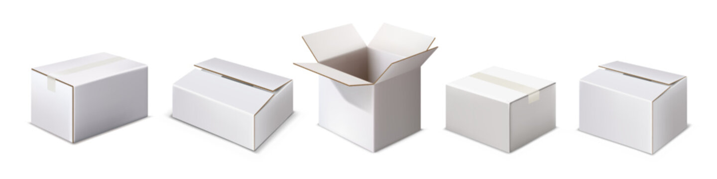 Box white cardboard set. Open mockup carton. 3D delivery view. Package shipping and storage paper container. Realistic transportation parcel. Vector template isolated objects different side view