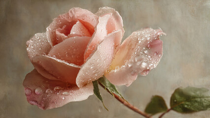 dewy pink rose on beige background