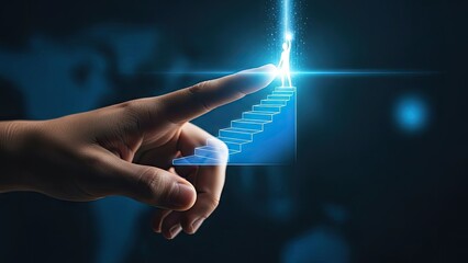 Hand touching glowing digital interface with abstract light.