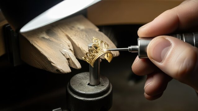 Goldsmith working on a piece of jewelry with a rotary tool. - Powered by Adobe