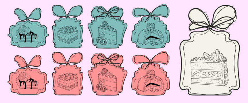 Hand drawn dessert. Bag for cake with bow. Tied handles. Cupcake or pie pieces inside packs. Takeaway food stickers. Delivery box. Sweet pastry with berries and chocolate glaze. Vector cafe labels set