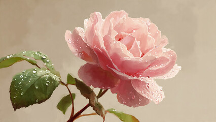 dewy pink rose on beige background
