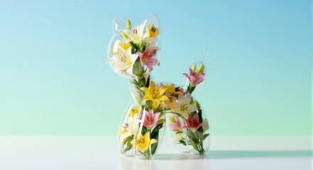 Minimal still life of a transparent balloon animal cat sculpture filled with yellow, white and pink lilies, set against a soft blue-to-green gradient background on a glossy surface