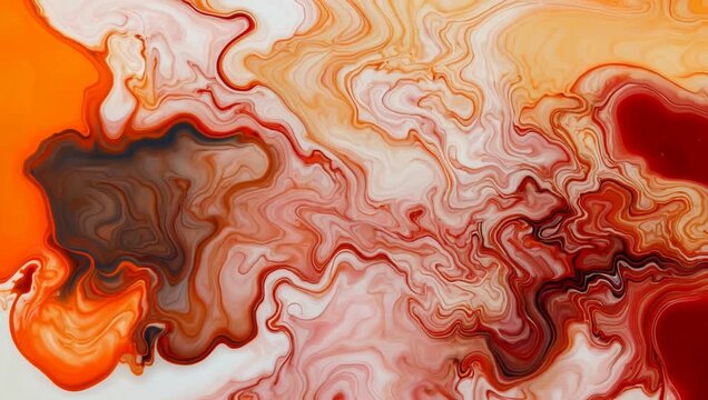 Abstract fluid art with swirling patterns in shades of orange, red, and white.