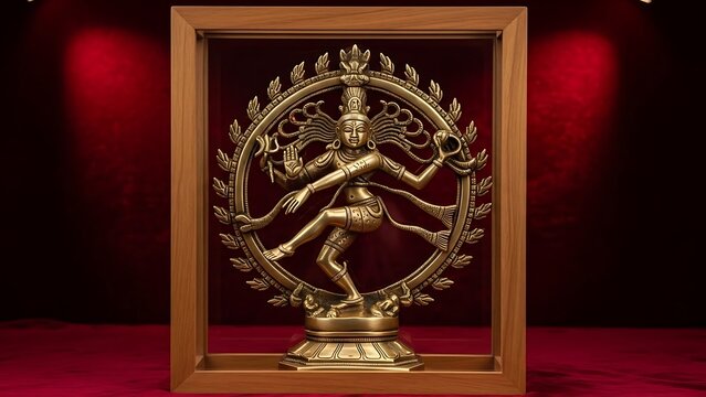 Lord Shiva Nataraja Dancing Statue in Wooden Frame Against Red Background hinduism
