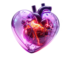 3D glass heart with internal neon light structures,white background