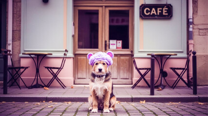 Cute husky dog sitting at outdoor café table, wearing a purple and pink knitted hat with long tassels, in a charming European street setting with empty chairs and soft evening light