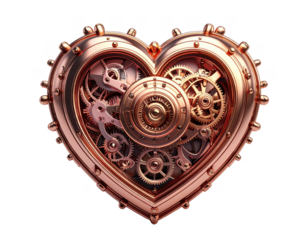 3D antique clockwork mechanism in the shape of a rose gold heart,white background