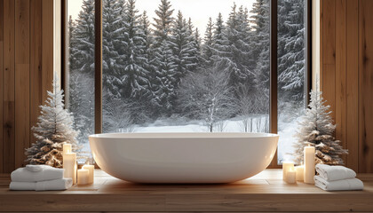 Modern bathroom with freestanding tub offers serene winter forest views. Candles glow on windowsill creating tranquil spa atmosphere