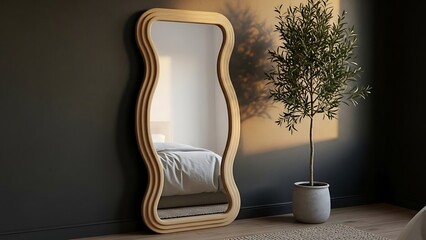 Tall Irregularly Shaped Wooden Framed Mirror with Plant full length mirror floor mirror