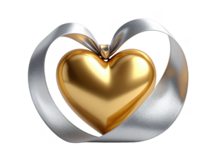 3D golden heart wrapped in a thin silver silk ribbon,white background.