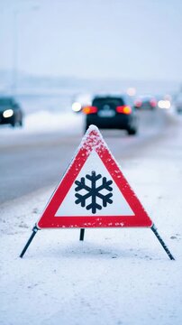 Roadworks on snowy road, winter safety, slippery alert, temporary restriction, snow markings, traffic control, maintenance crew, driver warning for speed limit, hazardous section, road cone