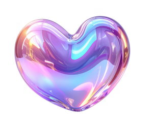 3D holographic iridescent heart with liquid glass texture,white background