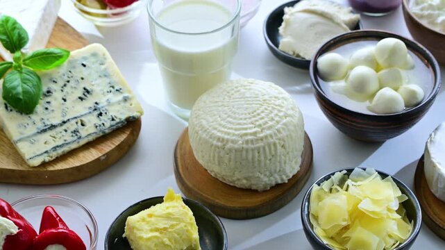 A variety of dairy products including cheese, milk and yogurt.