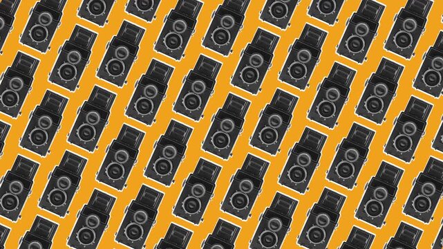 Background with retro photo cameras and paper effect and animation. 4K