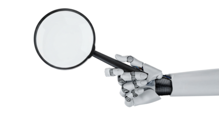 Robotic Hand Holding Magnifying Glass in Modern Minimalist Style with Soft Natural Lighting on White Background for Technology Advertising