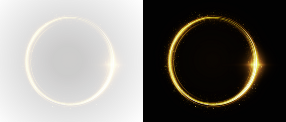 Golden glowing circle, abstract light halo frame with sparkles, luxury energy portal, magic illumination border, futuristic design element, radiant round glow effect, minimal background PNG