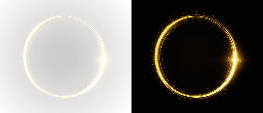 Golden glowing circle, abstract light halo frame with sparkles, luxury energy portal, magic illumination border, futuristic design element, radiant round glow effect, minimal background PNG
