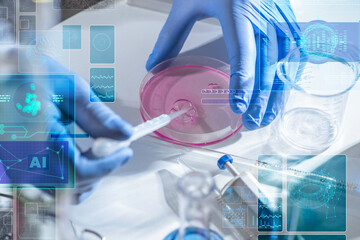 Close up of gloved hands pipetting into a petri dish on a lab bench with digital AI interface overlay. Concept for biotechnology research, medical data analysis and diagnostics.