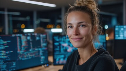 young beautiful female software engineer sitting at modern office