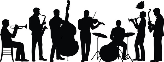 Silhouette of musicians playing various instruments including trumpet saxophone violin and drums on white background
