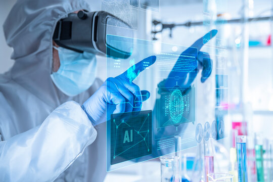 Chemist in full protective suit VR headset interacting holographic data interface. Concept of virtual reality, AI-assisted chemistry, immersive laboratory research and future scientific technology - Powered by Adobe