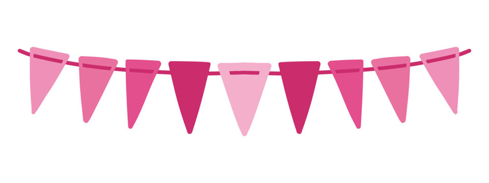 Pink bunting flags illustration for party decoration isolated on white. Pink triangular bunting for birthday and celebration