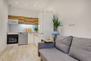 Salon w nowoczesnym apartamencie z szarą sofą i musztardowymi zasłonami © arteffect.pl