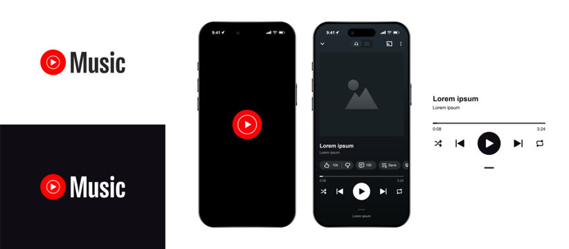 YouTube Music streaming service mockup with playlist layout, album artwork, and playback controls. Vector illustration of digital music platform user interface for modern audio.