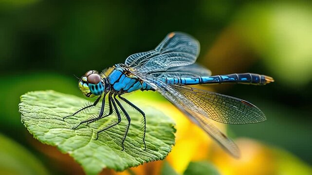 blue dragonfly on leaf and flying video