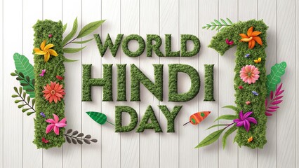 Eco friendly World Hindi Day design with green typography and floral elements.