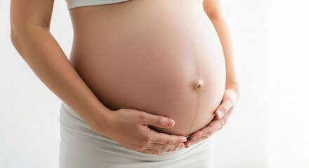 Pregnant woman holding her belly, showing expecting mother. Concept of maternity, pregnancy, motherhood, baby care, health, life for announcement.