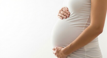 Pregnant woman holding her belly, showing expecting mother. Concept of maternity, pregnancy, motherhood, baby care, health, life for announcement.