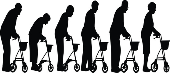 Obraz premium Silhouettes of elderly people walking with walkers in a sequence of motion