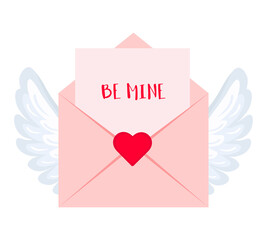 Love envelope with wings. Be mine. Color vector illustration. PNG with transparent background.