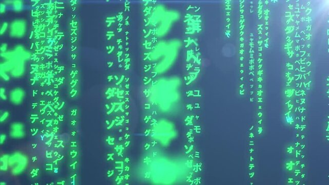 Green japanese digital characters cascading down computer screen in cyberspace futuristic technology display