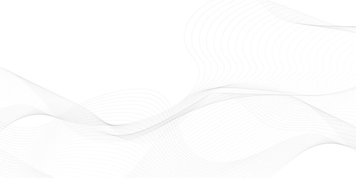 Stylized modern abstract wave design with gray flowing curved lines on a white background, featuring smooth layered transparency, digital motion energy, and a tech business-friendly vector look