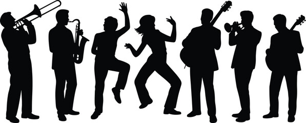 Silhouettes of musicians playing instruments and dancing on a white background trombone saxophone