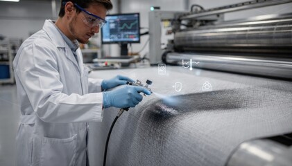 Medium shot of a technician applying carbonbased antistatic coating to technical fabric demonstrating charge control properties in advanced textile manufacturing.
