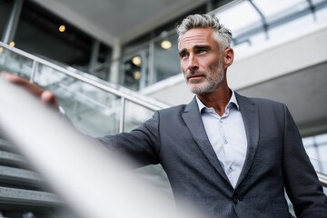 Thoughtful mature European business man professional standing alone in modern office stairwell. Senior corporate executive in his early 50s reflecting on career transition and decision making