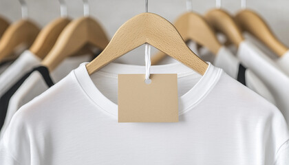 Clean white t shirt with blank brown tag hangs on wooden hanger in closet. Next to other clothes like denim jacket